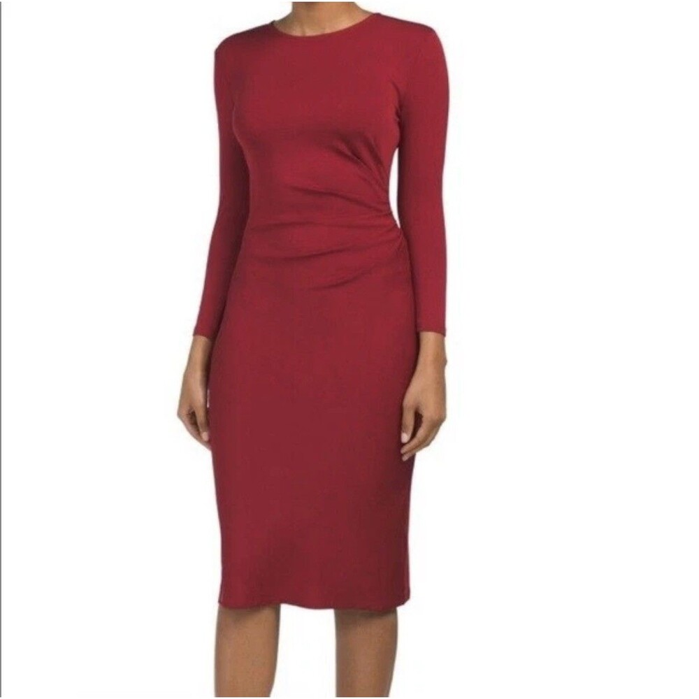 Theory Jorainna Matte Jersey Ruched Midi Dress Burgundy Red Long Sleeve size 8